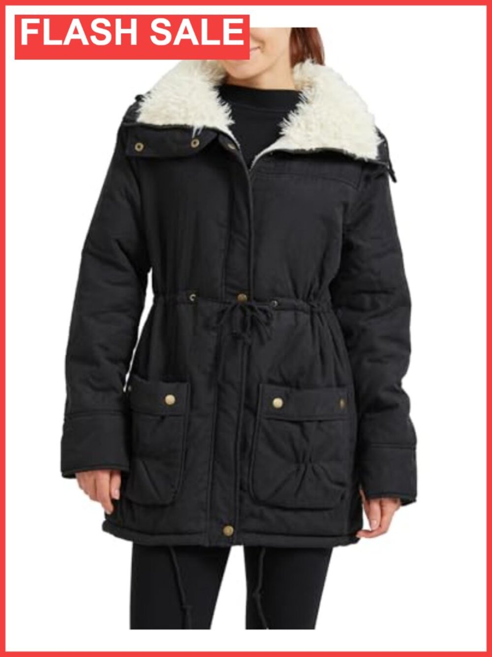 Faux Lamb Wool Lined Mid Length Winter Coat Drawstring Waist